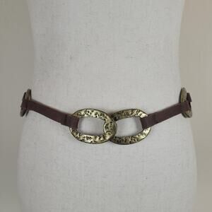 Leatherock Belt Brown Leather Hammered Oval Medallion Boho USA Western Cowgirl